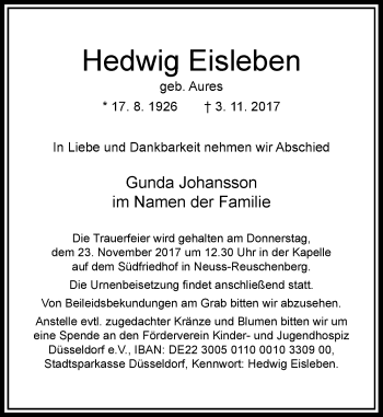 Todesanzeige von Hedwig Eisleben von Rheinische Post