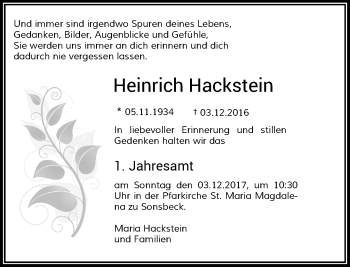 Todesanzeige von Heinrich Hackstein von Rheinische Post