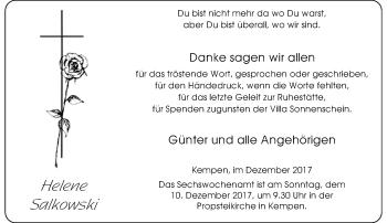 Todesanzeige von Helene Salkowski von Rheinische Post