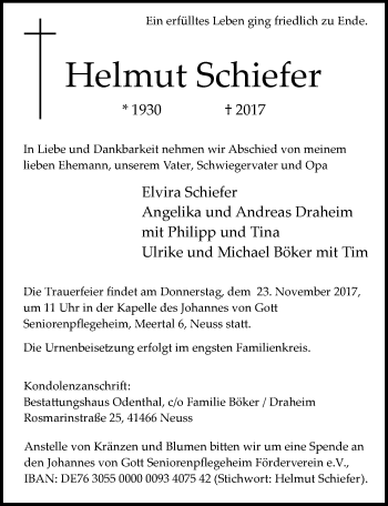 Todesanzeige von Helmut Schiefer von Rheinische Post