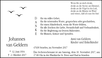 Todesanzeige von Johannes van Geldern von Rheinische Post