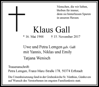 Todesanzeige von Klaus Gall von Rheinische Post