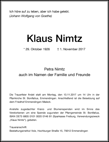 Todesanzeige von Klaus Nimtz von Rheinische Post