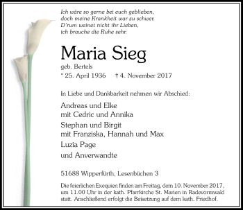 Todesanzeige von Maria Sieg von Rheinische Post