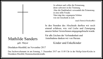 Todesanzeige von Mathilde Sanders von Rheinische Post