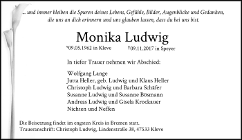 Todesanzeige von Monika Ludwig von Rheinische Post