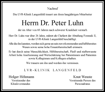 Todesanzeige von Peter Luhn von Rheinische Post