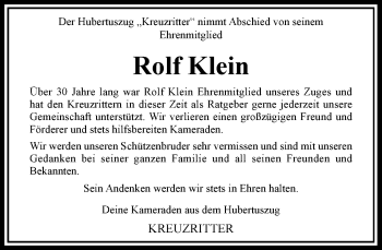 Todesanzeige von Rolf Klein von Rheinische Post