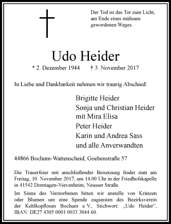 Todesanzeige von Udo Heider von Rheinische Post