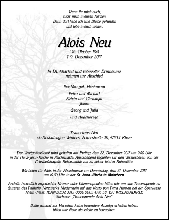 Todesanzeige von Alois Neu von Rheinische Post