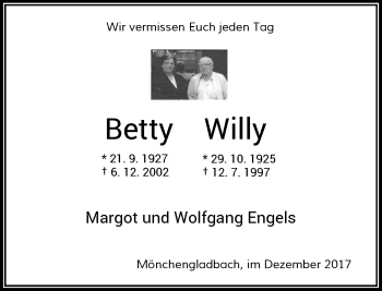 Todesanzeige von Betty und Willy  von Rheinische Post