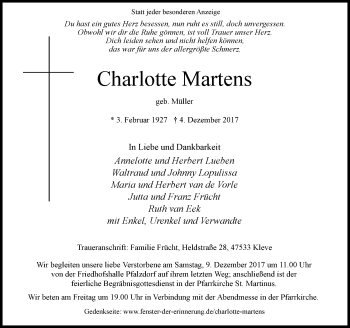 Todesanzeige von Charlotte Martens von Rheinische Post