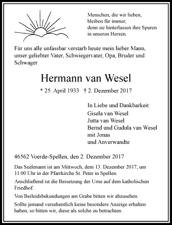 Todesanzeige von Hermann van Wesel von Rheinische Post