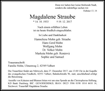 Todesanzeige von Magdalene Straube von Rheinische Post