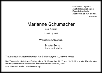 Todesanzeige von Marianne Schumacher von Rheinische Post