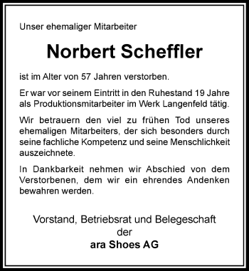 Todesanzeige von Norbert Scheffler von Rheinische Post