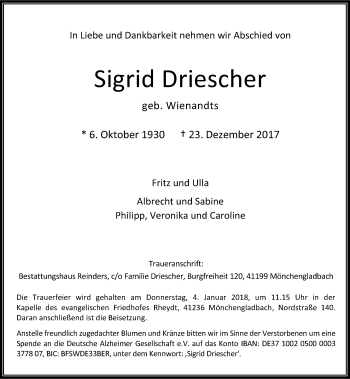 Todesanzeige von Siegrid Driescher von Rheinische Post