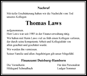 Todesanzeige von Thomas Laws von Rheinische Post