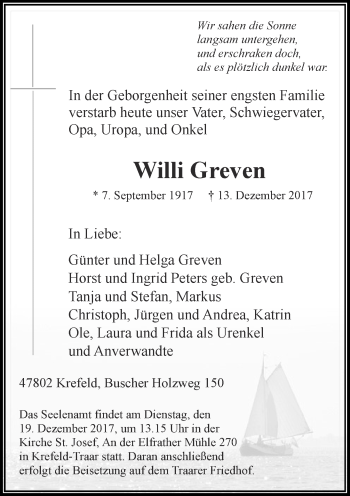 Todesanzeige von Willi Greven von Rheinische Post