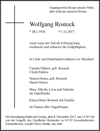 Todesanzeige von Wolfgang Rostock von Rheinische Post