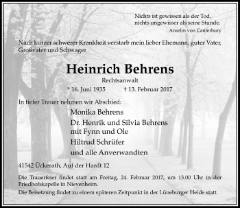 Todesanzeige von Heinrich Behrens von Rheinische Post