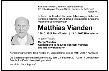 Todesanzeige von Matthias Vianden von Rheinische Post