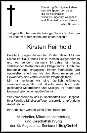 Todesanzeige von Kirsten Reinhold von Rheinische Post