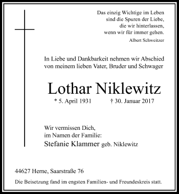 Todesanzeige von Lothar Niklewitz von Rheinische Post