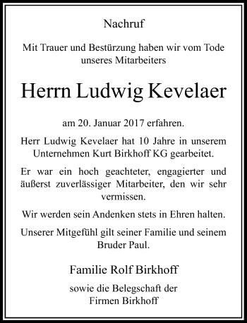Todesanzeige von Ludwig Kevelaer von Rheinische Post