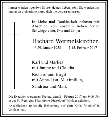 Todesanzeige von Richard Wermelskirchen von Rheinische Post