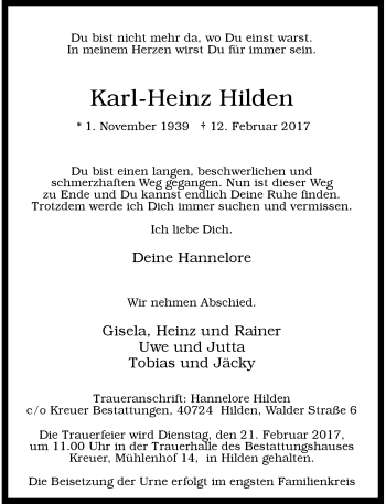 Todesanzeige von Karl-Heinz Hilden von Rheinische Post