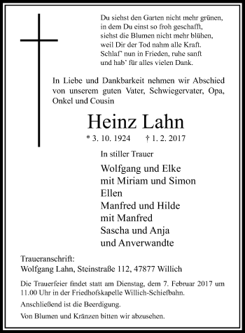 Todesanzeige von Heinz Lahn von Rheinische Post