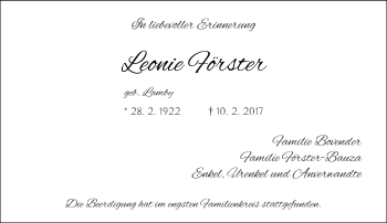 Todesanzeige von Leonie Förster von Rheinische Post