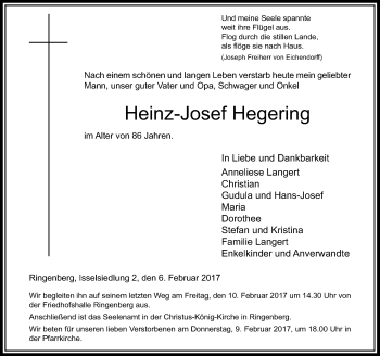 Todesanzeige von Heinz-Josef Hegering von Rheinische Post