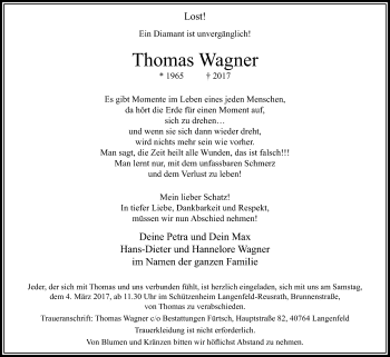 Todesanzeige von Thomas Wagner von Rheinische Post