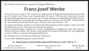 Todesanzeige von Franz-Josef Wenke von Rheinische Post