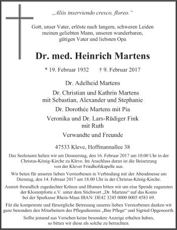 Todesanzeige von Heinrich Martens von Rheinische Post