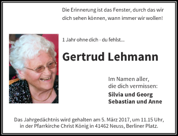 Todesanzeige von Gertrud Lehmann von Rheinische Post