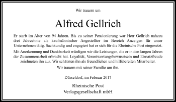 Todesanzeige von Alfred Gellrich von Rheinische Post