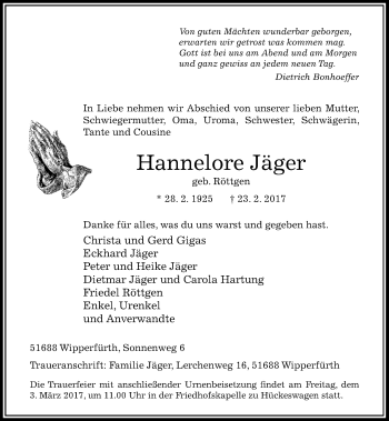 Todesanzeige von Hannelore Jäger von Rheinische Post