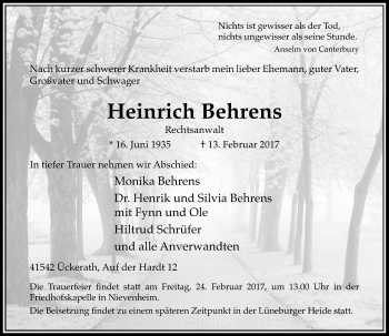 Todesanzeige von Heinrich Behrens von Rheinische Post