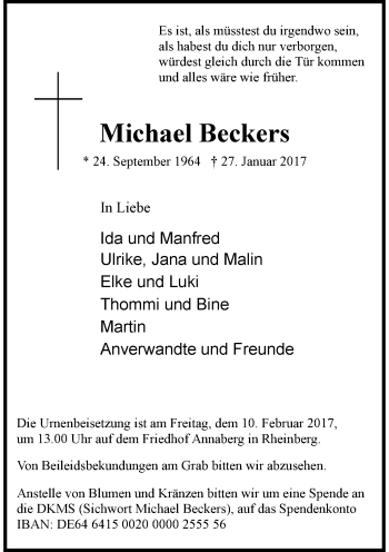 Todesanzeige von Michael Beckers von Rheinische Post