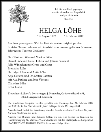 Todesanzeige von Helga Löhe von Rheinische Post