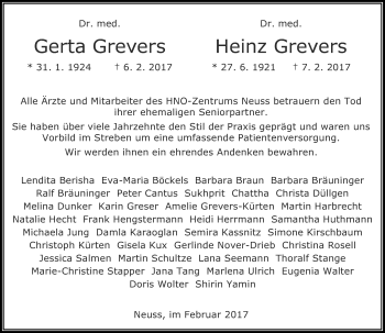 Todesanzeige von Gerta und Heinz Grevers von Rheinische Post