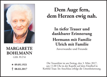 Todesanzeige von Margarete Bohlmann von Rheinische Post