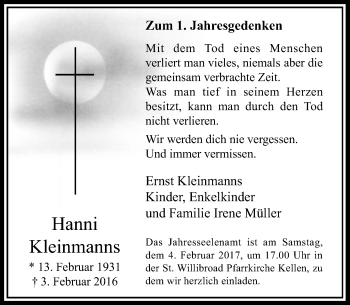 Todesanzeige von Hanni Kleinmanns von Rheinische Post