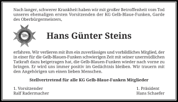 Todesanzeige von Hans Günter Steins von Rheinische Post
