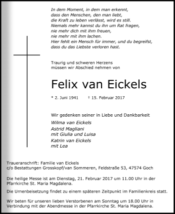 Todesanzeige von Felix van Eickels von Rheinische Post