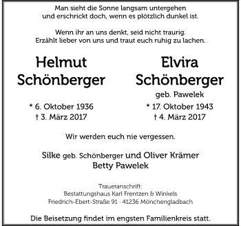 Todesanzeige von Helmut und Elvira Schönberger von Rheinische Post