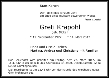Todesanzeige von Greti Krapohl von Rheinische Post